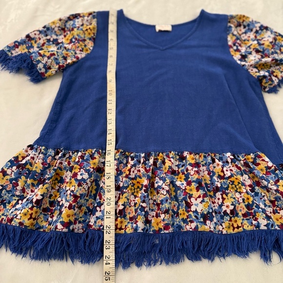 Hailey & Co Sz SM Blue Floral Linen Rayon Peplum Top Oversized Fit Boho Artsy - Picture 9 of 11